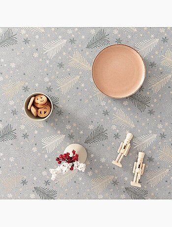 Nappe de noël en coton, sapins et étoiles dorés en relief - gamusi
