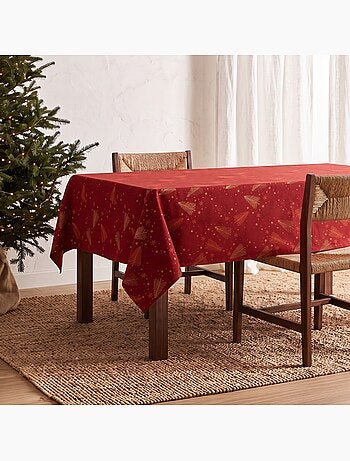 Nappe de noël en coton, sapins et étoiles dorés en relief - gamusi