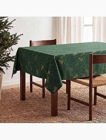 Nappe de noël en coton, sapins et étoiles dorés en relief - gamusi