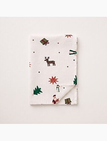 Nappe de noël imperméable avec imprimé père noël, rennes, cadeaux et sapins - gamusi.