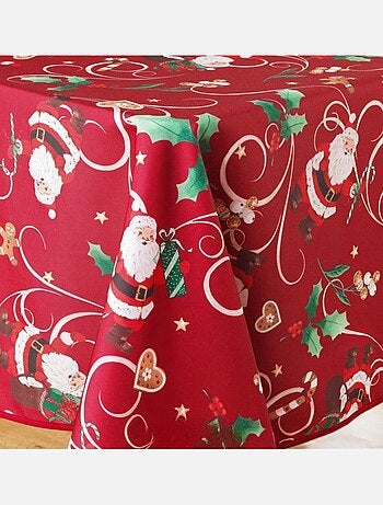 Nappe de Noël Rectangle - Tissu Antitache / Imperméable – Père Noël Rouge motif Houx