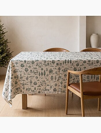 Nappe de noël toucher lin naturel avec imprimé champêtre - gamusi.