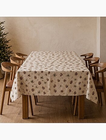 Nappe de noël toucher lin naturel avec imprimé de pins - gamusi.