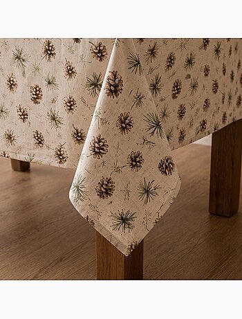 Nappe de noël toucher lin naturel avec imprimé de pins - gamusi.