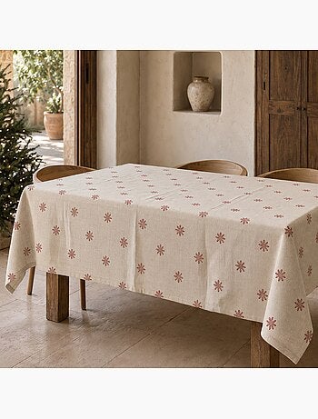 Nappe de noël toucher lin naturel avec imprimé flocons de neige - gamusi.