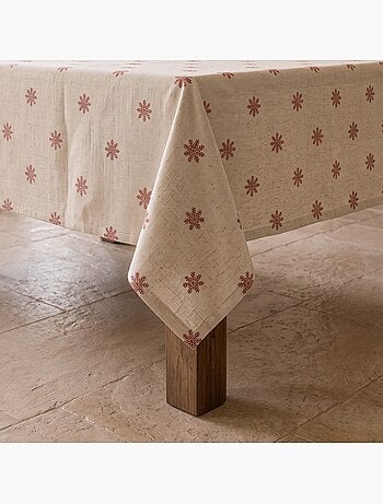 Nappe de noël toucher lin naturel avec imprimé flocons de neige - gamusi.