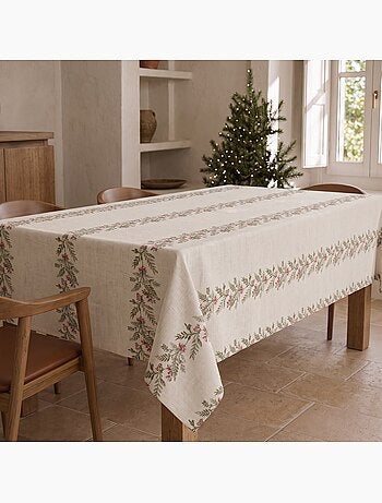 Nappe de noël toucher lin naturel avec imprimé guirlande de noël - gamusi.