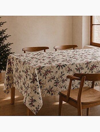 Nappe de noël toucher lin naturel avec imprimé houx - gamusi.