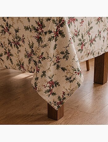 Nappe de noël toucher lin naturel avec imprimé houx - gamusi.