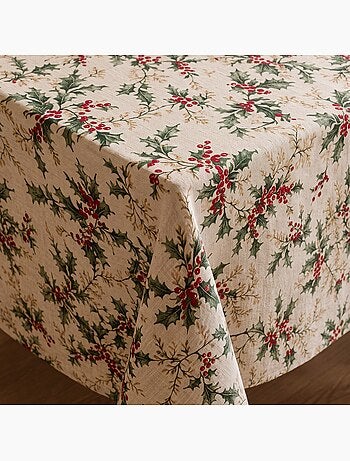 Nappe de noël toucher lin naturel avec imprimé houx - gamusi.