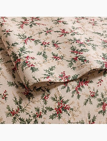 Nappe de noël toucher lin naturel avec imprimé houx - gamusi.
