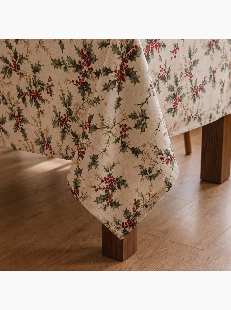 Nappe de noël toucher lin naturel avec imprimé houx - gamusi. Ocre - Kiabi
