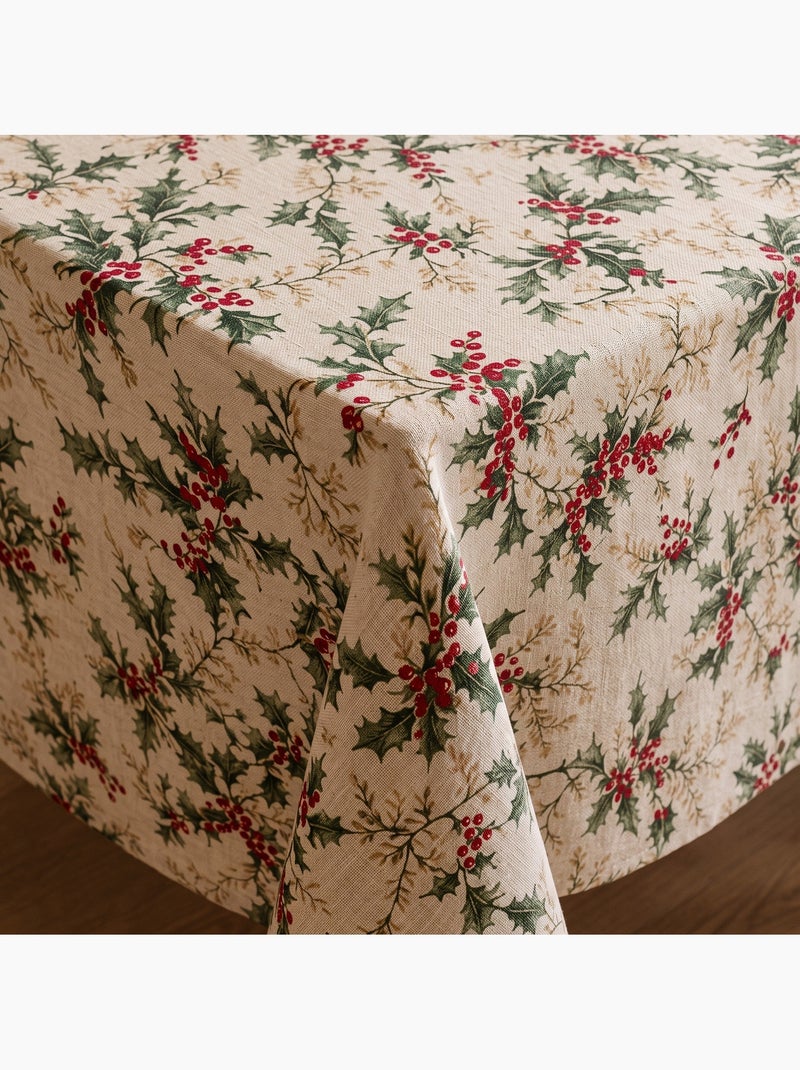 Nappe de noël toucher lin naturel avec imprimé houx - gamusi. Ocre - Kiabi