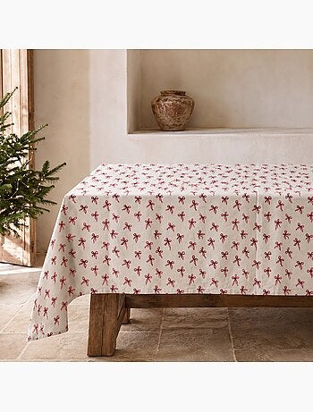 Nappe de noël toucher lin naturel avec imprimé nœuds - gamusi.