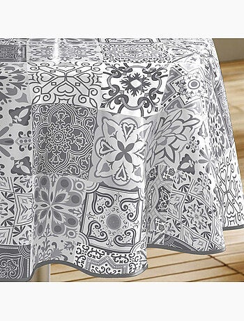 Nappe ronde Ø160 cm PVC imprimé – Finition biais – Persane Gris