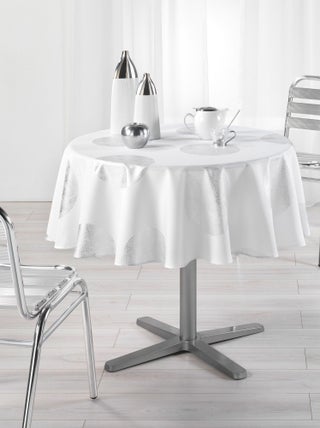 Nappe ronde polyester imprime Argent platine Blanc