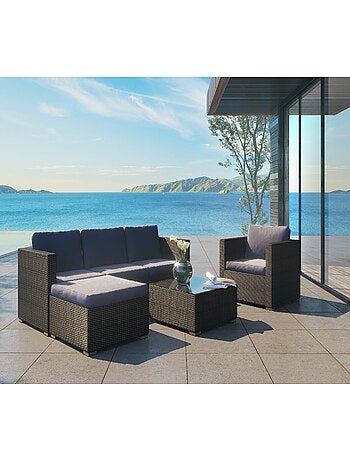 NEVALA Salon de jardin 6 places en résine tressée noir et gris