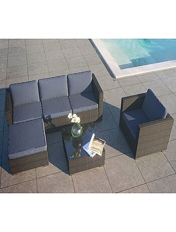 NEVALA Salon de jardin 6 places en résine tressée noir et gris