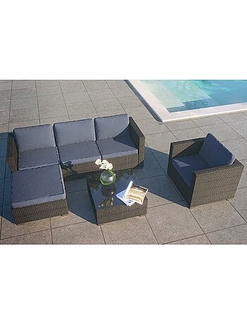 NEVALA Salon de jardin 6 places en résine tressée noir et gris