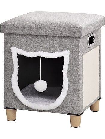 Niche chat grattoir pouf 3 en 1 design porte tête de chat avec coussin tissu gris