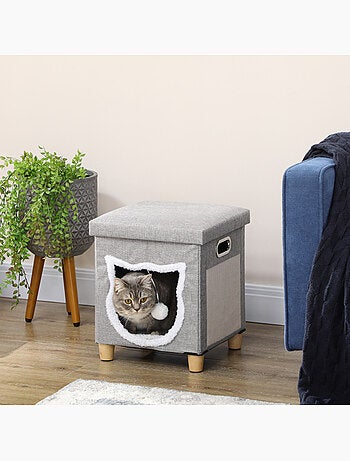 Niche chat grattoir pouf 3 en 1 design porte tête de chat avec coussin tissu gris