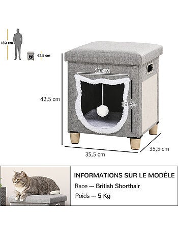 Niche chat grattoir pouf 3 en 1 design porte tête de chat avec coussin tissu gris
