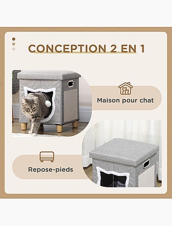 Niche chat grattoir pouf 3 en 1 design porte tête de chat avec coussin tissu gris