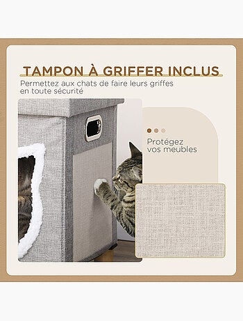 Niche chat grattoir pouf 3 en 1 design porte tête de chat avec coussin tissu gris