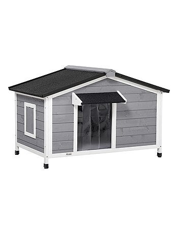 Niche chien style cottage - 2 fenêtres, porte, toit ouvrant - sapin gris
