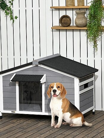 Niche chien style cottage - 2 fenêtres, porte, toit ouvrant - sapin gris