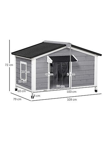 Niche chien style cottage - 2 fenêtres, porte, toit ouvrant - sapin gris
