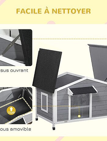 Niche chien style cottage - 2 fenêtres, porte, toit ouvrant - sapin gris