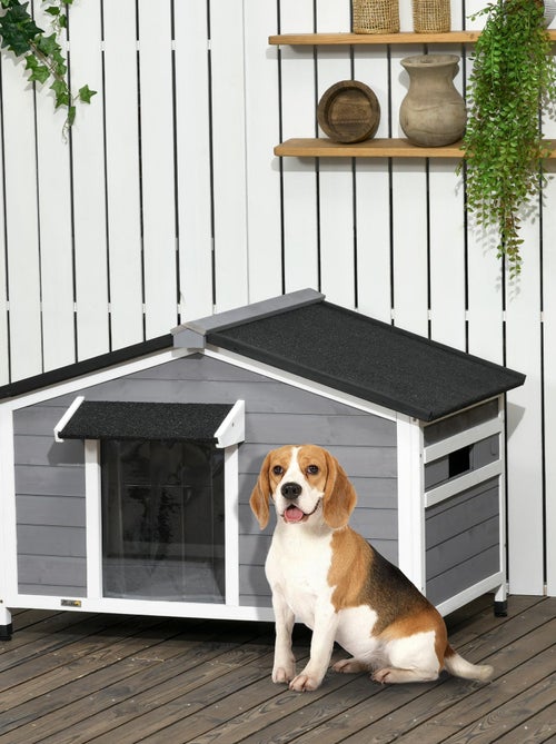 Niche chien style cottage - 2 fenêtres, porte, toit ouvrant - sapin gris - Kiabi