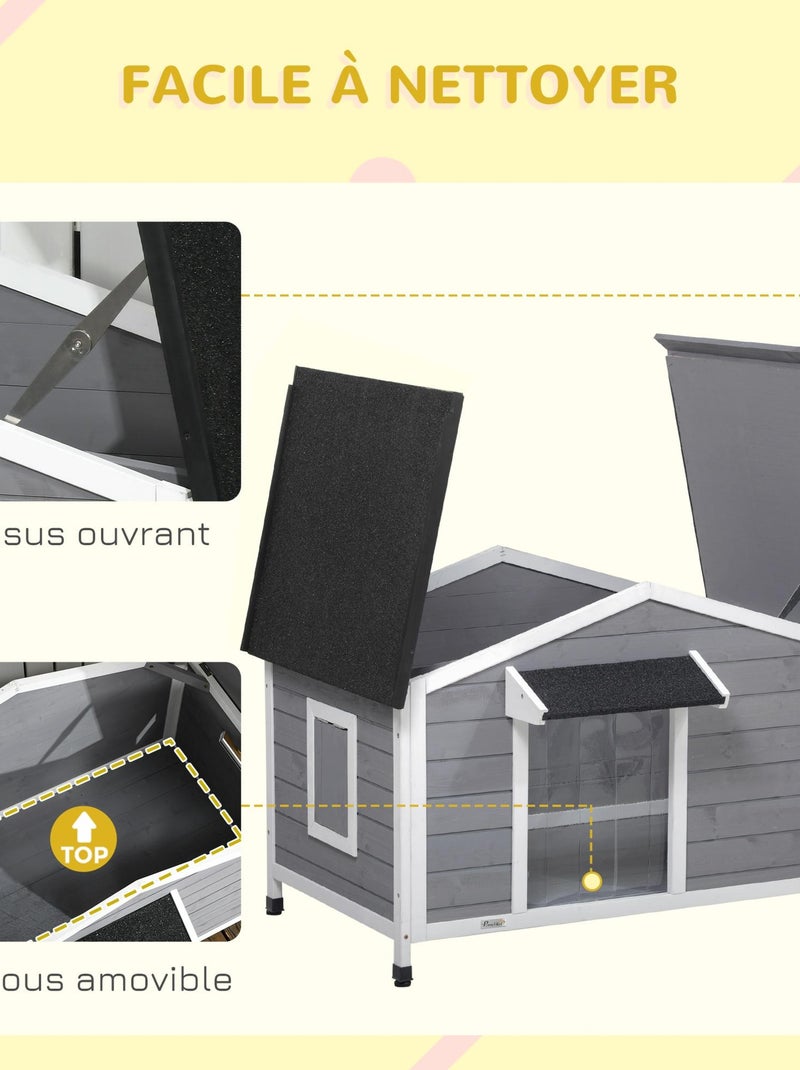 Niche chien style cottage - 2 fenêtres, porte, toit ouvrant - sapin gris Gris - Kiabi