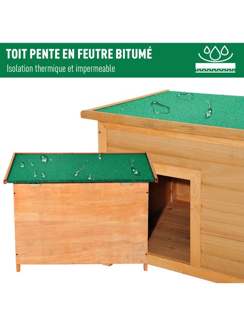 Niche chien sur pied dim. 85l x 58l x 58h cm - toit ouvrant bitumé vert - bois sapin pré-huilé - Kiabi Niche chien sur pied dim. 85l x 58l x 58h cm - toit ouvrant bitumé vert - bois sapin pré-huilé - Kiabi