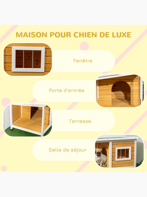 Niche lodge chien avec terrasse couverte sur pied et toit bitumé ouvrant - Kiabi Niche lodge chien avec terrasse couverte sur pied et toit bitumé ouvrant - Kiabi