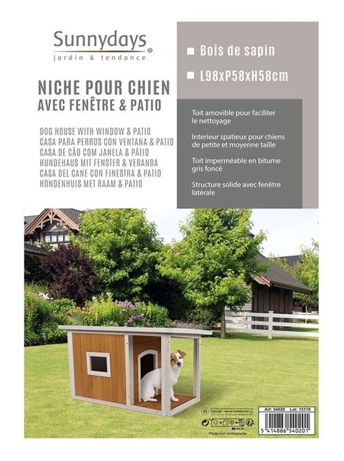 Niche pour chien avec patio et fenêtre en bois naturel - Kiabi
