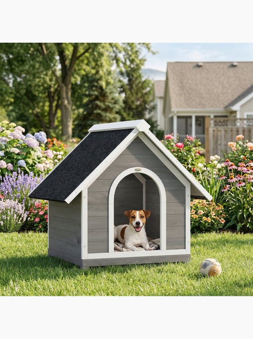 Niche pour chien bois gris blanc toit bitumé - Kiabi