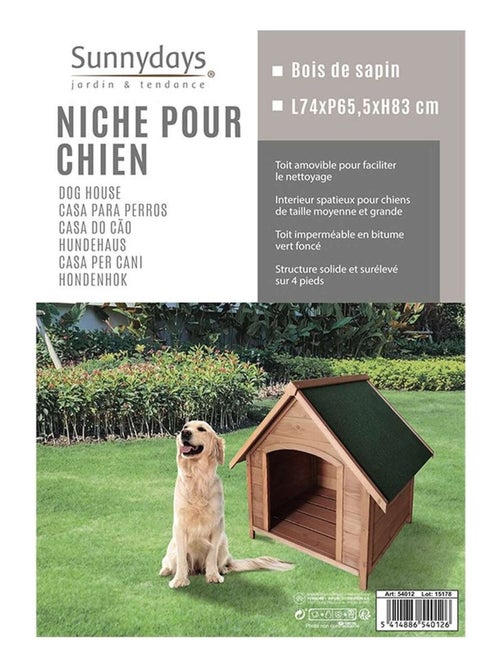 Niche pour chien Oslo avec toit amovible en bois naturel - Kiabi