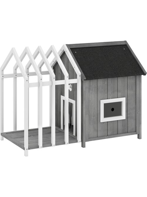 Niche villa pour chien sur pied avec terrasse et claustra bois blanc gris - Kiabi