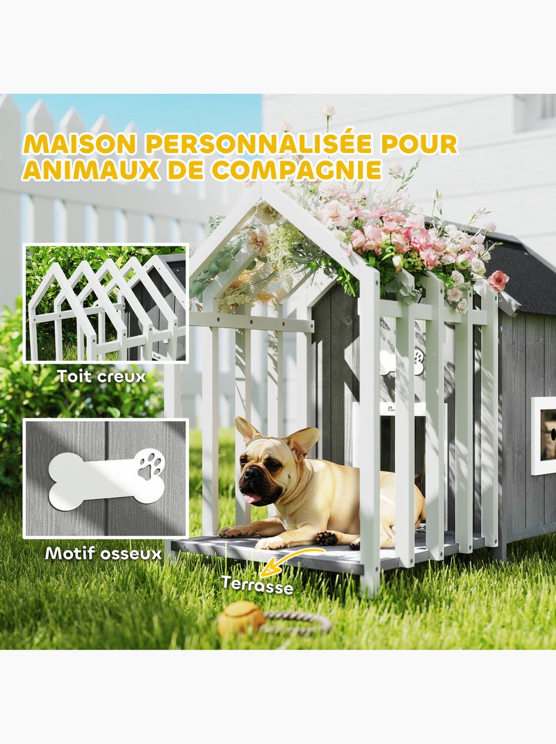 Niche villa pour chien sur pied avec terrasse et claustra bois blanc gris Gris - Kiabi
