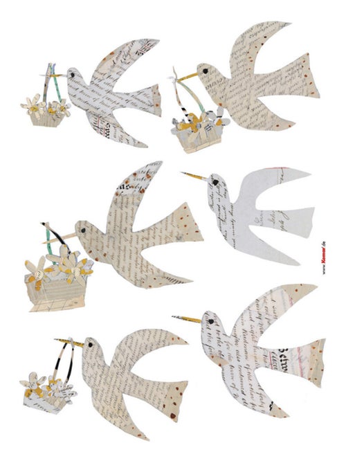 Nostalgia, Sticker mural six oiseaux qui portent des paniers avec motifs écritures - 50x70 cm - Kiabi