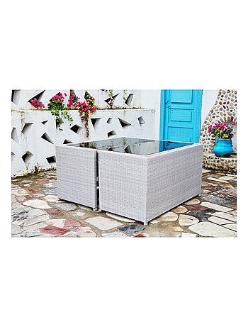NOUMEA - Salon de jardin encastrable 8 places canapés et poufs en résine tressée marron et blanc