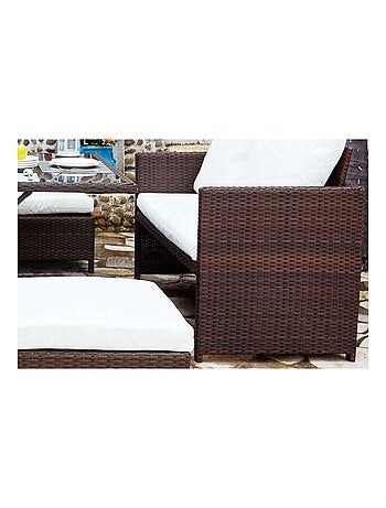 NOUMEA - Salon de jardin encastrable 8 places canapés et poufs en résine tressée marron et blanc