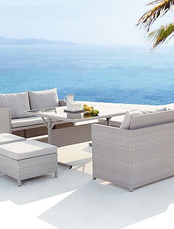 NOUMÉA Salon de jardin encastrable 8 places en résine marron- blanc