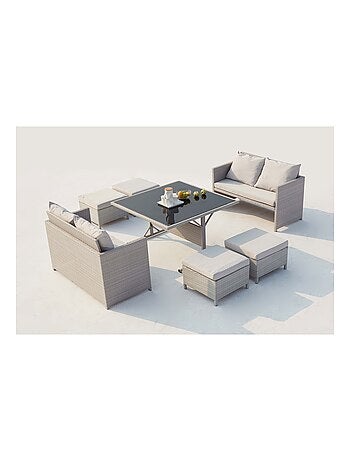 NOUMÉA Salon de jardin encastrable 8 places en résine marron- blanc