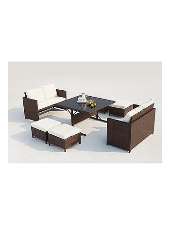 NOUMÉA Salon de jardin encastrable 8 places en résine marron- blanc