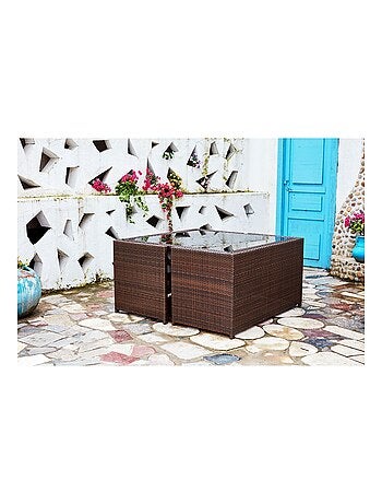 NOUMÉA Salon de jardin encastrable 8 places en résine marron- blanc