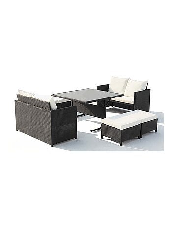 NOUMÉA Salon de jardin encastrable 8 places en résine marron- blanc