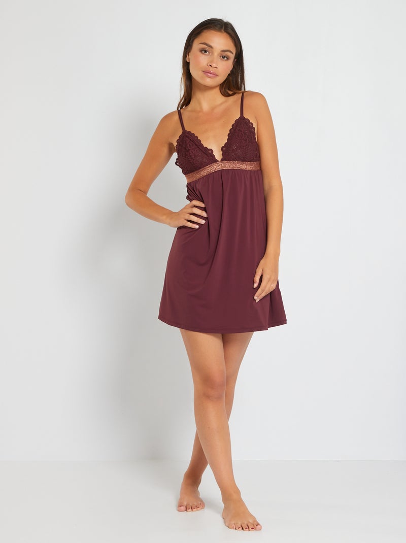 Nuisette microfibre et dentelle bordeaux - Kiabi